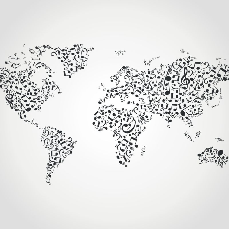 Music-themed world map illustration